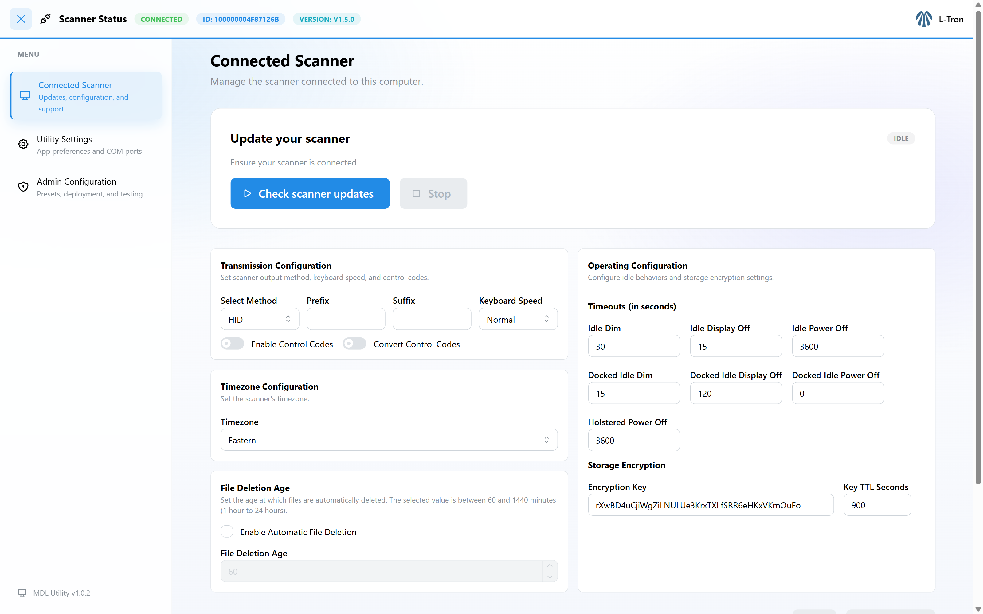 MDL Utility, scanner connected, version 1.5.0